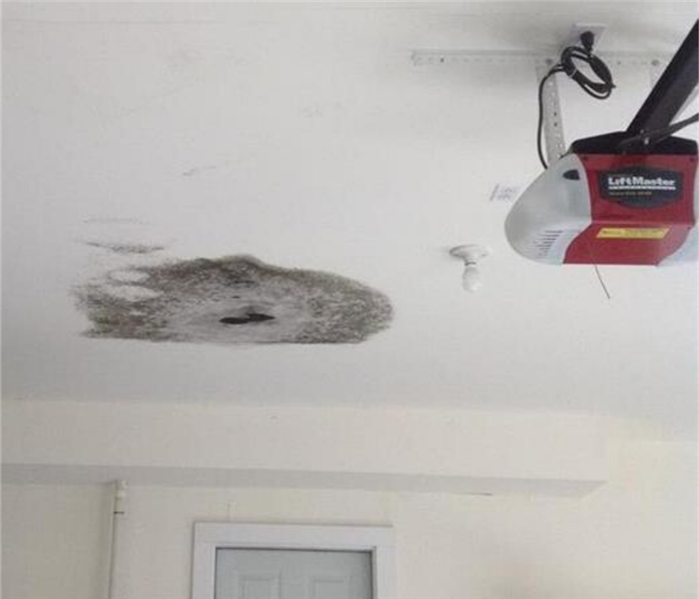 large spot of black mold on ceiling of garage due to a slowly leaking pipe in the ceiling